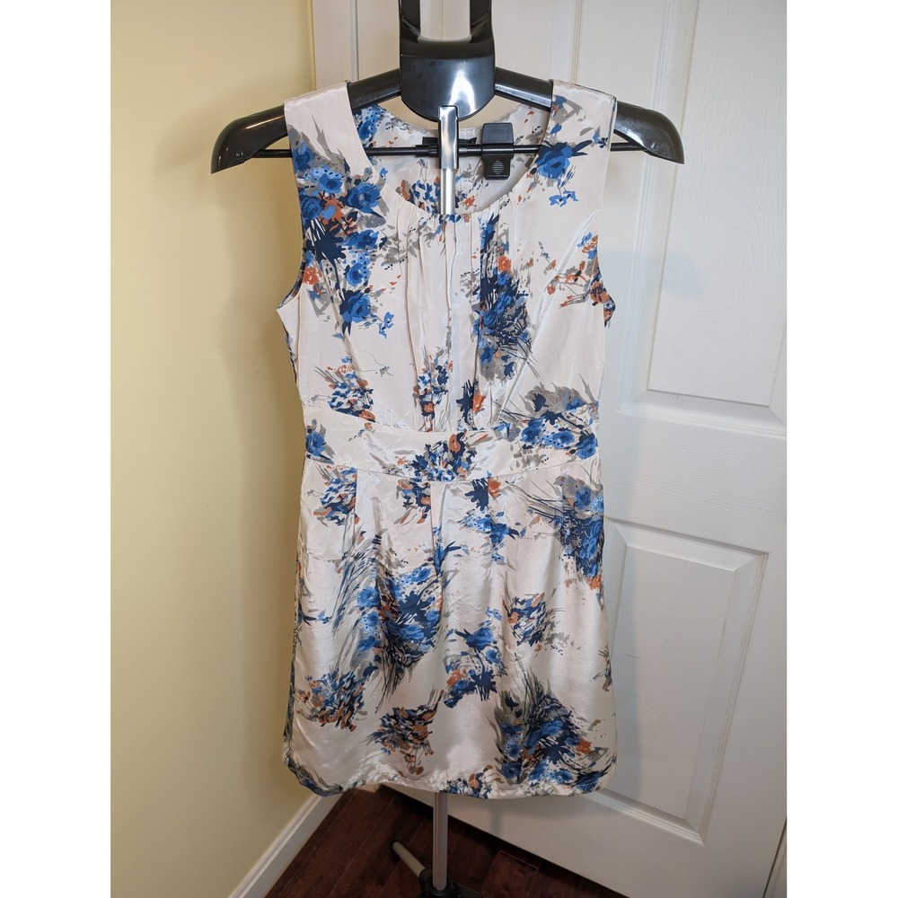 THML Floral Sleeveless Dress Cream Blue Orange Pleated Bodice Satin - Size S